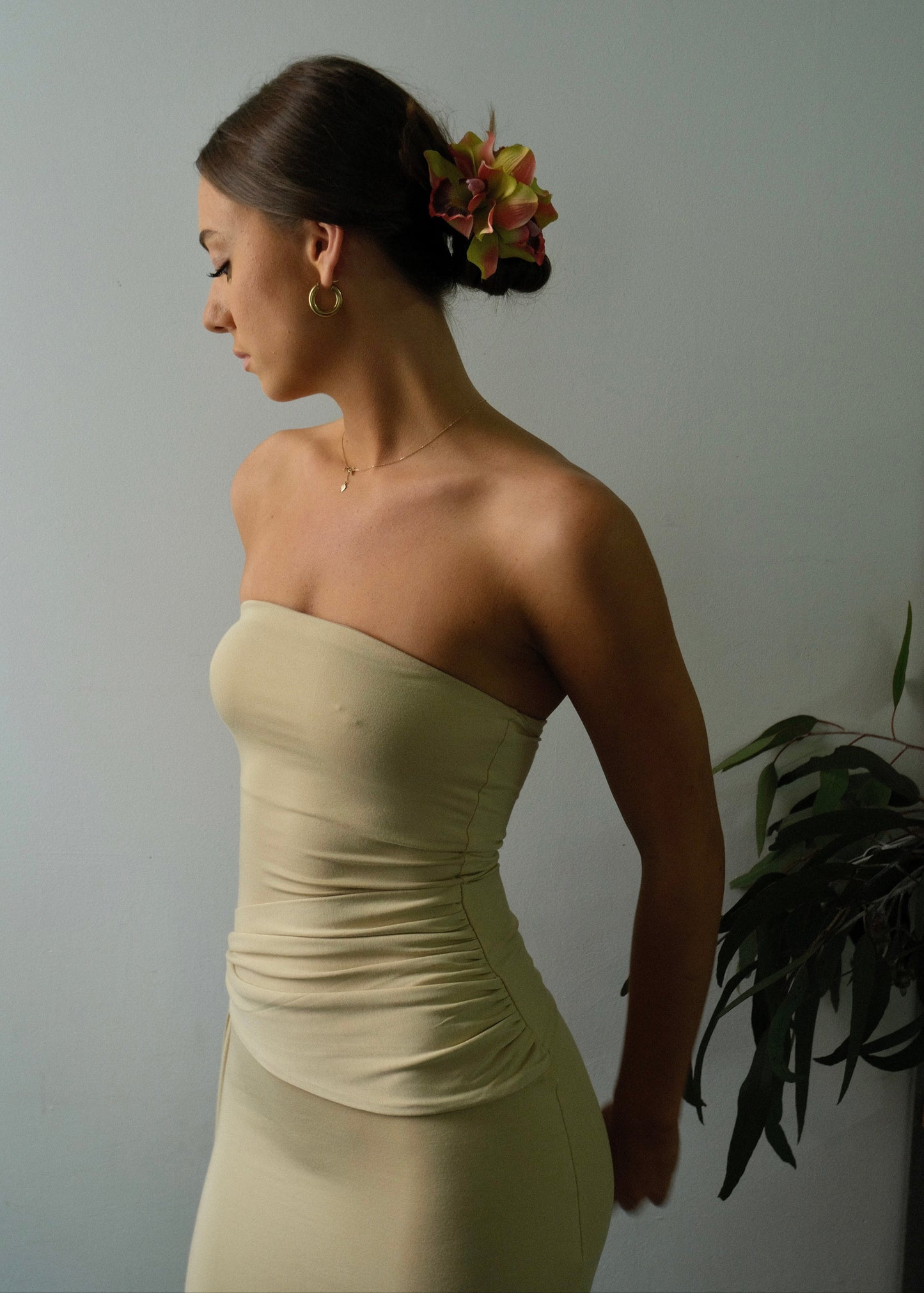 Draped strapless bamboo dress - Butter Beige
