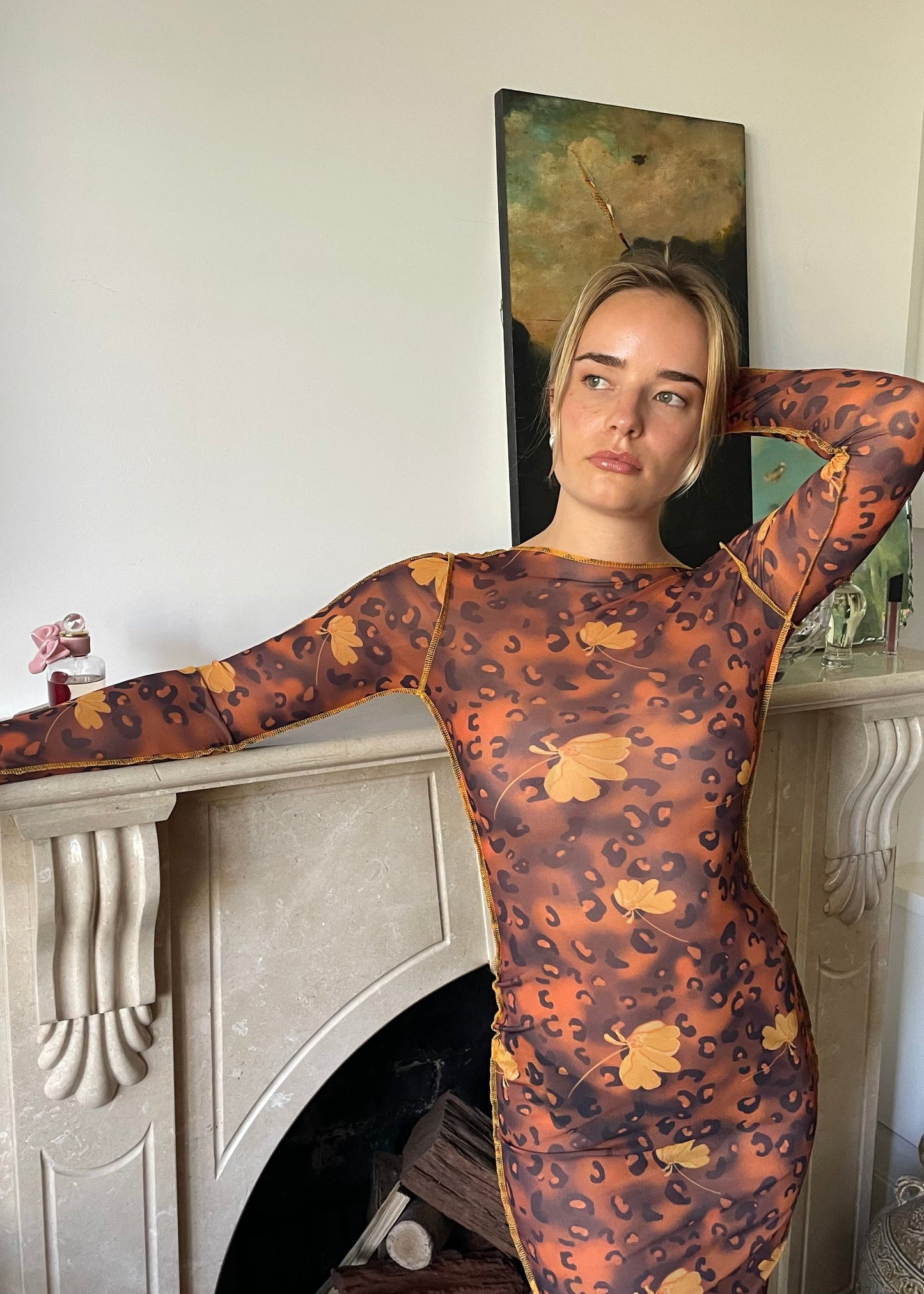 Contrast Maxi - 'Peony Leopard' mesh with contrast yellow stitching