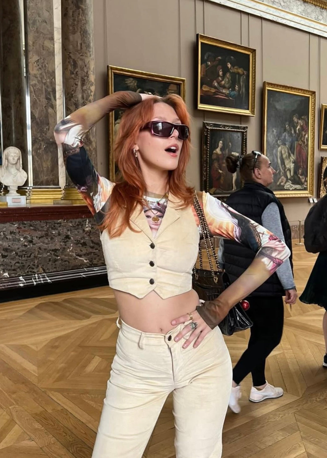 Corduroy flare pant - Beige with pink contrast stitching yoke detail