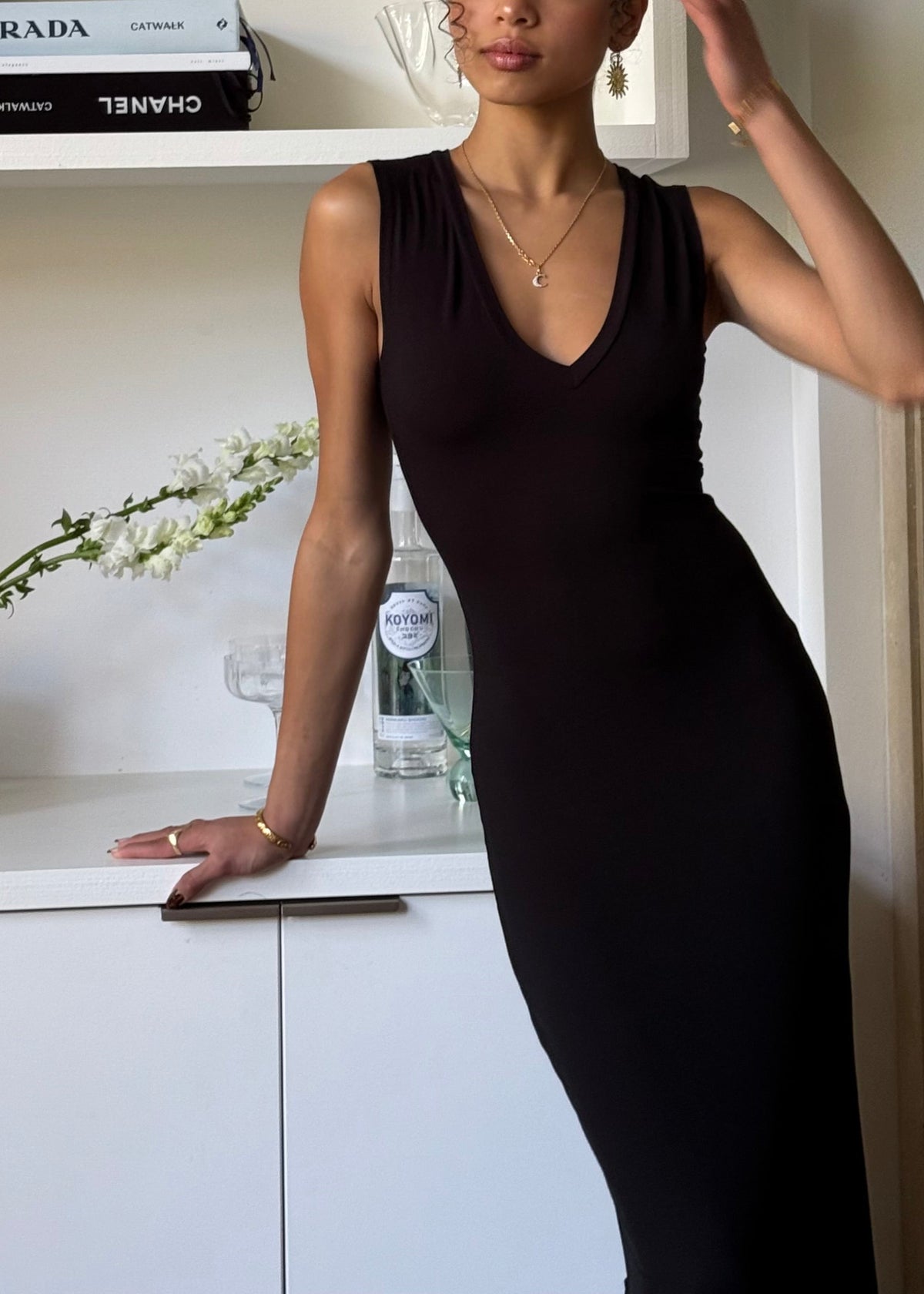 Bamboo v neck slip dress- Black