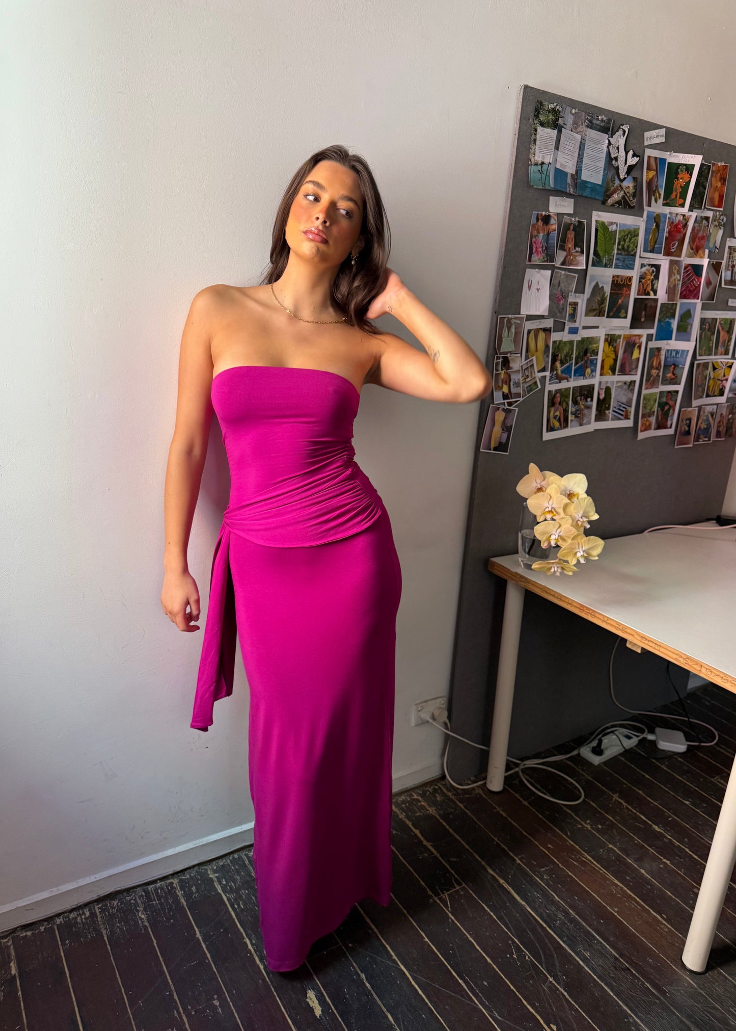 Draped strapless bamboo dress - Magenta