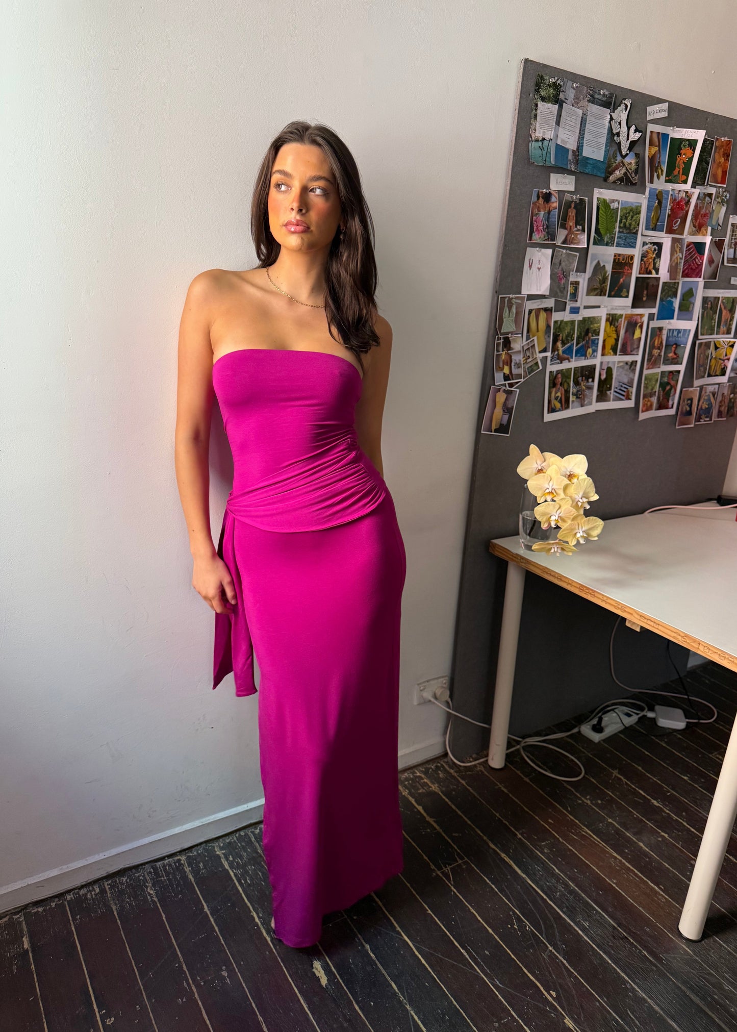 Draped strapless bamboo dress - Magenta